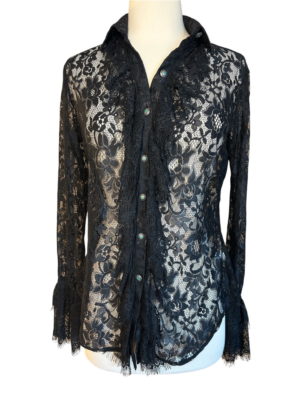 Tasha Polizzi Estate Black Sheer Lace Blouse dramatic bell cuffs Size Small